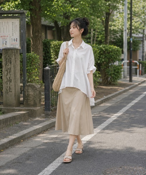 KONVINI(コンビニ)の「【KONVINI select】ボリュームフリルスリーブ シャツブラウス / オーバーサイズ ギャザースリーブ コットン100%(シャツ/ブラウス・レディース・ブラック/ホワイト・FREE)」の14枚目の写真