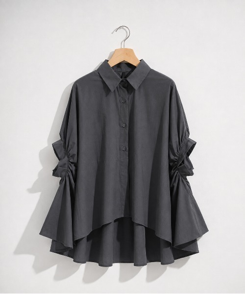 KONVINI(コンビニ)の「【KONVINI select】ボリュームフリルスリーブ シャツブラウス / オーバーサイズ ギャザースリーブ コットン100%(シャツ/ブラウス・レディース・ブラック/ホワイト・FREE)」の16枚目の写真