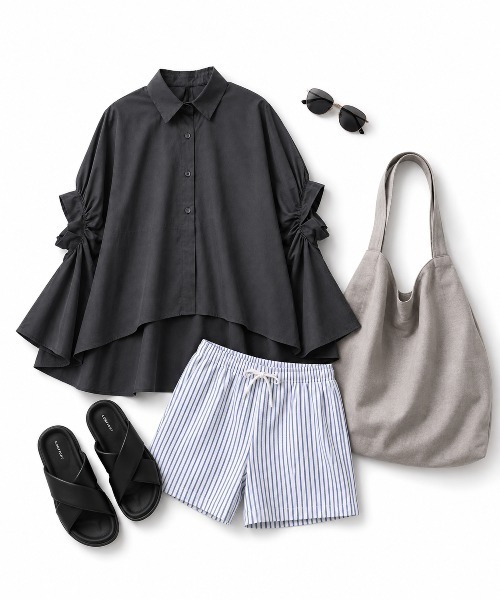 KONVINI(コンビニ)の「【KONVINI select】ボリュームフリルスリーブ シャツブラウス / オーバーサイズ ギャザースリーブ コットン100%(シャツ/ブラウス・レディース・ブラック/ホワイト・FREE)」の4枚目の写真