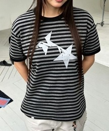 マルチボーダー スタープリント Tシャツ 星柄