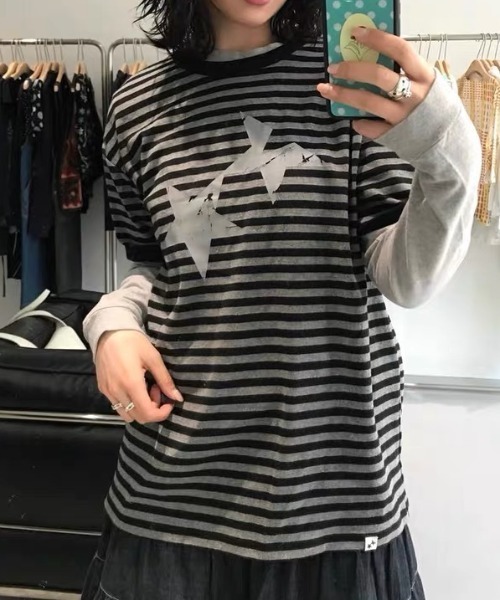 SHERU（シェル）の「マルチボーダー スタープリント Tシャツ　星柄（Tシャツ/カットソー・レディース・ブラック/グレー・M）」の7枚目の写真