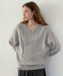 SN Cable V-neck Pullover (Grey)