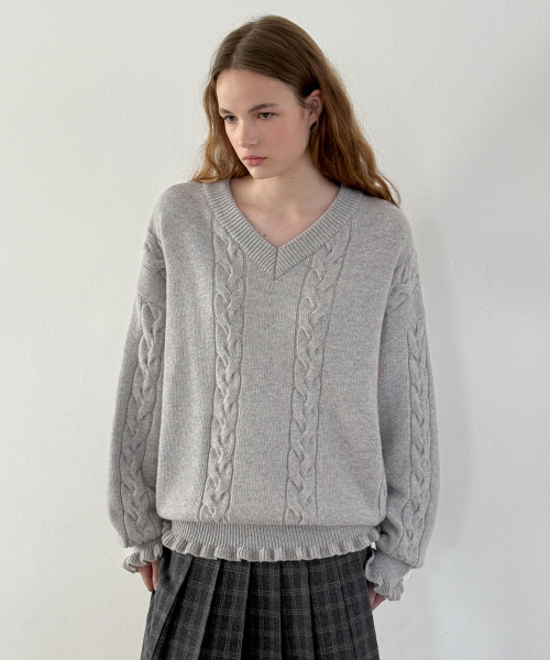 SINOON（シヌーン）の「SN Cable V-neck Pullover (Grey)（ニット/セーター・レディース・ライトグレー・FREE）」の3枚目の写真