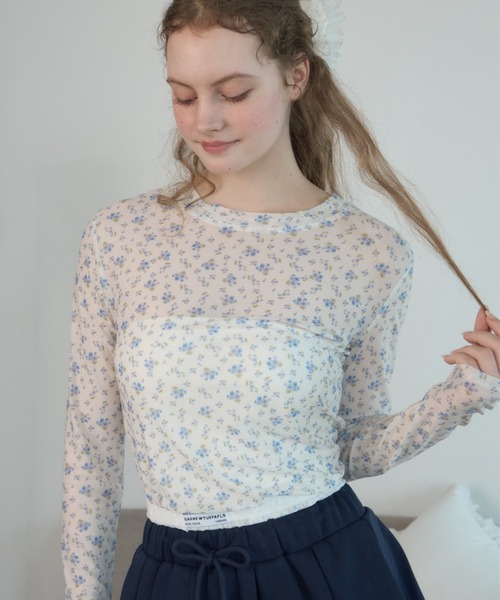 Birthday room(バースデイルーム)の「小花柄シアートップス/Sheer top with a small floral print(Tシャツ/カットソー・レディース・ピンク/ライトブルー・FREE)」の2枚目の写真
