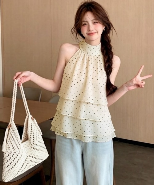 FREE STYLISTS(フリー スタイリスト)の「ドット柄 ホルターネック ペプラム トップス(シャツ/ブラウス・レディース・オフホワイト/ピンク/ホワイト・L/M)」の5枚目の写真