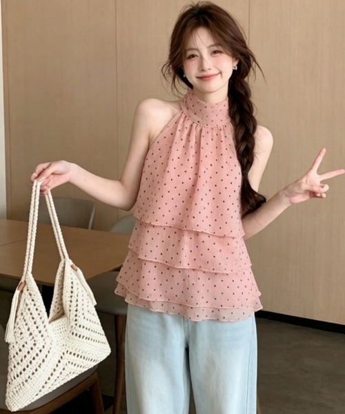 FREE STYLISTS(フリー スタイリスト)の「ドット柄 ホルターネック ペプラム トップス(シャツ/ブラウス・レディース・オフホワイト/ピンク/ホワイト・L/M)」の6枚目の写真