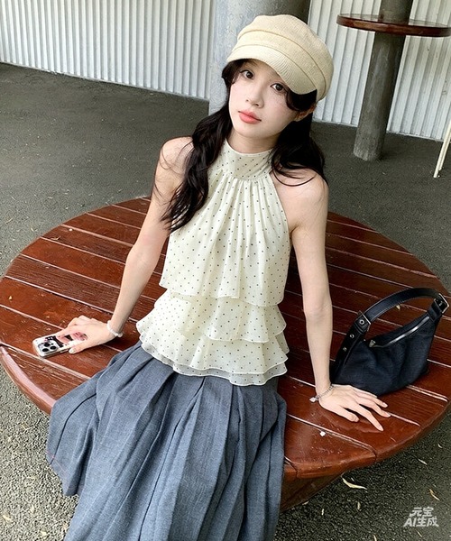 FREE STYLISTS(フリー スタイリスト)の「ドット柄 ホルターネック ペプラム トップス(シャツ/ブラウス・レディース・オフホワイト/ピンク/ホワイト・L/M)」の12枚目の写真