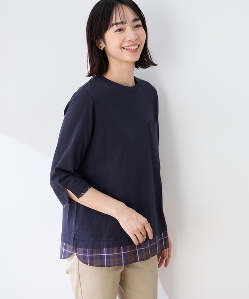 DECOY SINCE 1981(デコイシンスイチキュウハチイチ)の「【chiyoさんコラボ】ロンドンマーチチェックドッキング7分袖プルオーバー【オーガニックコットンブレンド】(Tシャツ/カットソー・レディース・レッド/ネイビー・M/L/LL/3L/4L)」の3枚目の写真