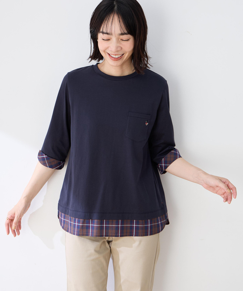 DECOY SINCE 1981(デコイシンスイチキュウハチイチ)の「【chiyoさんコラボ】ロンドンマーチチェックドッキング7分袖プルオーバー【オーガニックコットンブレンド】(Tシャツ/カットソー・レディース・レッド/ネイビー・M/L/LL/3L/4L)」の4枚目の写真