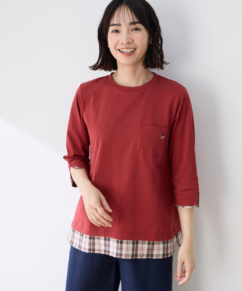 DECOY SINCE 1981(デコイシンスイチキュウハチイチ)の「【chiyoさんコラボ】ロンドンマーチチェックドッキング7分袖プルオーバー【オーガニックコットンブレンド】(Tシャツ/カットソー・レディース・レッド/ネイビー・M/L/LL/3L/4L)」の7枚目の写真