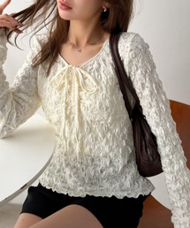 mily bilet（ミウィビレット）の「【mily bilet】毎日違う表情に。レースで魅せて、リボンで遊ぶ。4wayジャガードフロントギャザートップス (長袖)(前後2WAY)（Tシャツ/カットソー）」