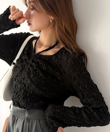 mily bilet（ミウィビレット）の「【mily bilet】毎日違う表情に。レースで魅せて、リボンで遊ぶ。4wayジャガードフロントギャザートップス (長袖)(前後2WAY)（Tシャツ/カットソー）」