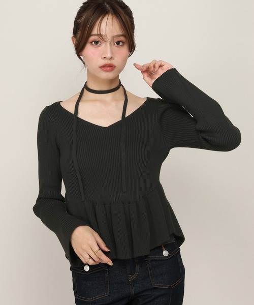 Heather(ヘザー)の「タイ付きペプラムニット 1084510(ニット/セーター・レディース・アイボリー/ブラック/グレー・FREE)」の11枚目の写真