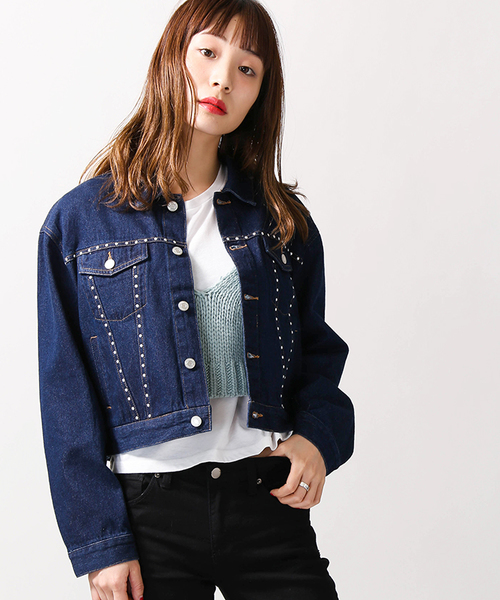 WEGO（ウィゴー）の「WEGO/スタッズ付きクロップドGジャン（デニムジャケット・レディース・ブラック/インディゴブルー・FREE）」の3枚目の写真