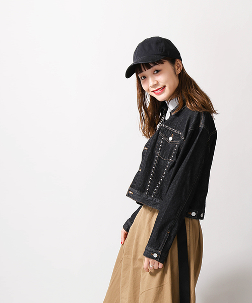 WEGO（ウィゴー）の「WEGO/スタッズ付きクロップドGジャン（デニムジャケット・レディース・ブラック/インディゴブルー・FREE）」の6枚目の写真