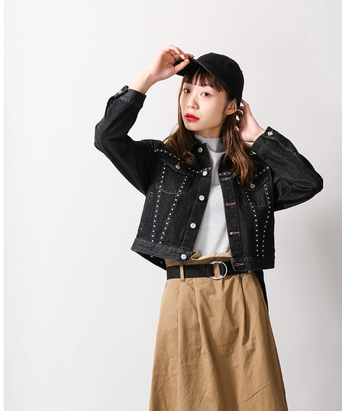 WEGO（ウィゴー）の「WEGO/スタッズ付きクロップドGジャン（デニムジャケット・レディース・ブラック/インディゴブルー・FREE）」の7枚目の写真