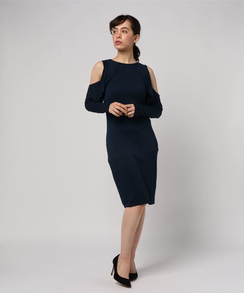 three dots(スリードッツ)の「コールドショルダー ラッフル ドレス(ワンピース・レディース・ネイビー・X-SMALL/SMALL/MEDIUM)」の1枚目の写真