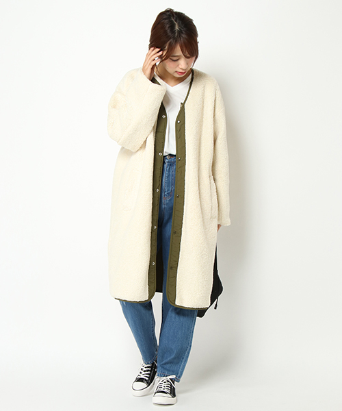 VENCEEXCHANGE（ヴァンスエクスチェンジ）の「ボアリバーシブルコート（ノーカラージャケット・レディース・オフホワイト/オリーブ・MEDIUM/LARGE）」の15枚目の写真