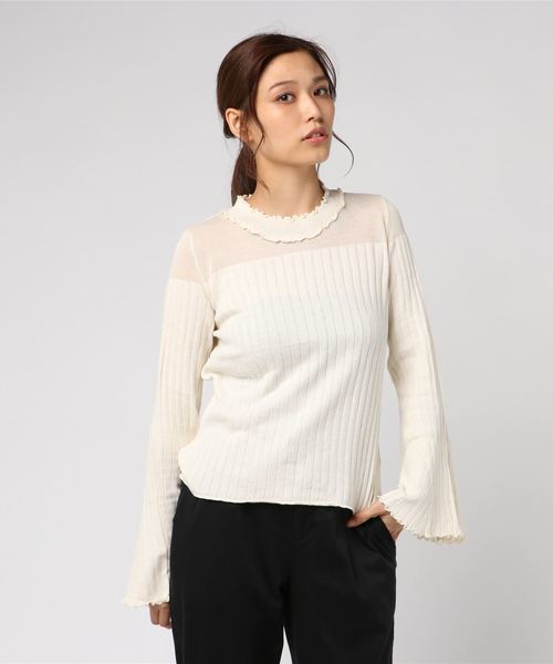 earth music&ecology（アースミュージックアンドエコロジー）の「・シアーパネルニットプルオーバー　＊（ニット/セーター・レディース・ライトグレー/ブラック/アイボリー/マスタード/ブルーグリーン/ピンク系その他2・S/M）」の2枚目の写真