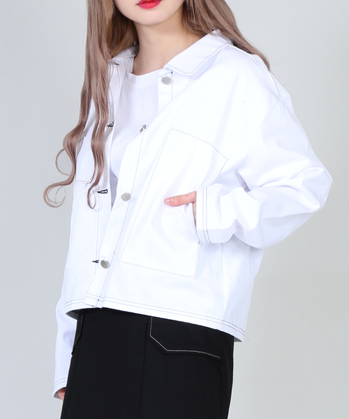 DING（ディング）の「DING/ステッチジャケット（カバーオール・レディース・ホワイト/ブラック/ピンク・FREE）」の2枚目の写真