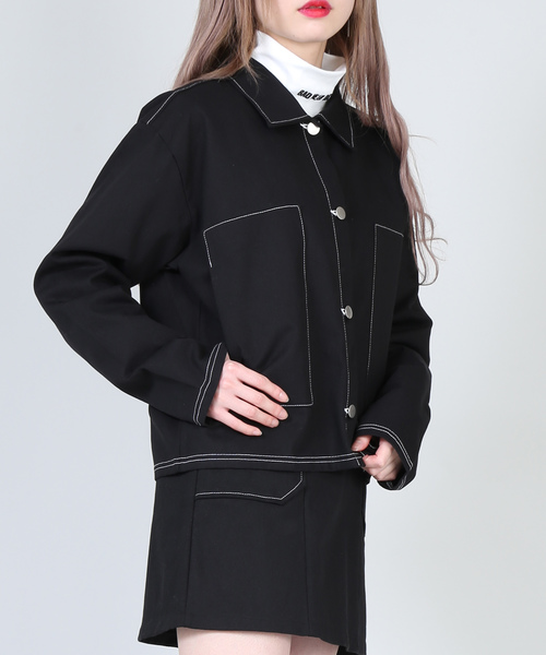 DING（ディング）の「DING/ステッチジャケット（カバーオール・レディース・ホワイト/ブラック/ピンク・FREE）」の3枚目の写真