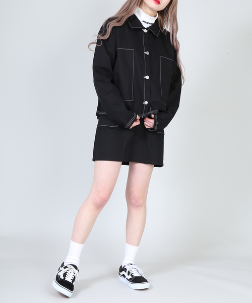 DING（ディング）の「DING/ステッチジャケット（カバーオール・レディース・ホワイト/ブラック/ピンク・FREE）」の9枚目の写真