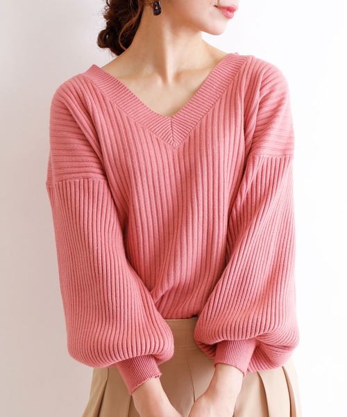 Sawa a la mode(サワアラモード)の「シンプルなぽわん袖のリブニットトップス(ニット/セーター)」|ピンク