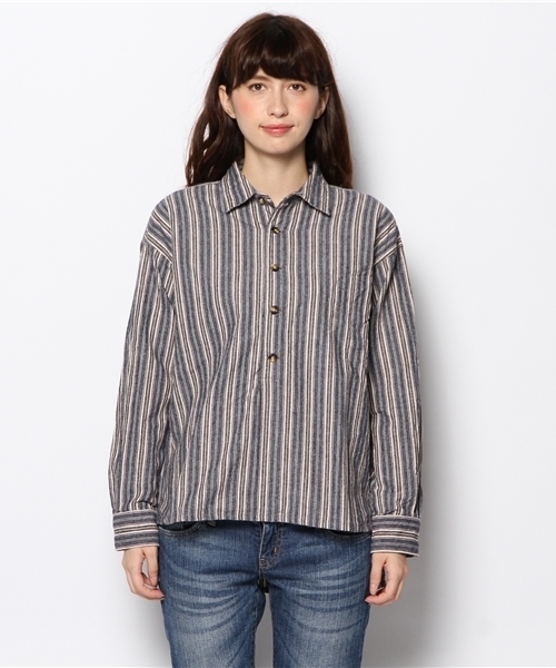 BEAMS BOY（ビームスボーイ）の「BEAMS BOY / ネル ストライプ ロングテール シャツ（シャツ/ブラウス・レディース・ブルー/ネイビー・ONE SIZE）」の3枚目の写真