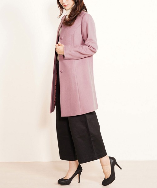 カシミヤブレンドウールノーカラーコート丸襟（ノーカラーコート
