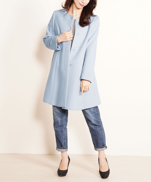 カシミヤブレンドウールノーカラーコート丸襟（ノーカラーコート