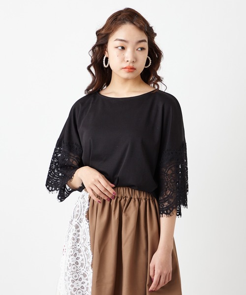 ふりふ（フリフ）の「レース広袖トップス（Tシャツ/カットソー・レディース・ブラック/ホワイト・FREE）」の2枚目の写真