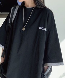 ベーシック重ね着風レイヤード配色ビックTシャツ