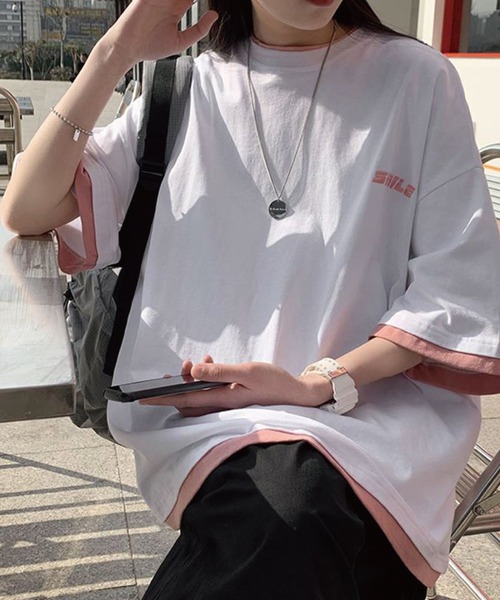 meJane（ミージェーン）の「ベーシック重ね着風レイヤード配色ビックTシャツ（Tシャツ/カットソー・レディース・ホワイト/ブラック・FREE）」の3枚目の写真