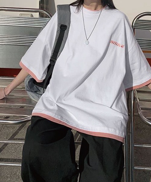 meJane（ミージェーン）の「ベーシック重ね着風レイヤード配色ビックTシャツ（Tシャツ/カットソー・レディース・ホワイト/ブラック・FREE）」の6枚目の写真