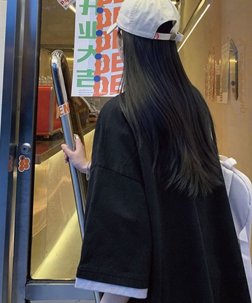 meJane（ミージェーン）の「ベーシック重ね着風レイヤード配色ビックTシャツ（Tシャツ/カットソー・レディース・ホワイト/ブラック・FREE）」の12枚目の写真