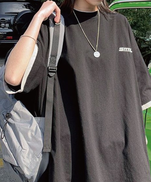 meJane（ミージェーン）の「ベーシック重ね着風レイヤード配色ビックTシャツ（Tシャツ/カットソー・レディース・ホワイト/ブラック・FREE）」の8枚目の写真