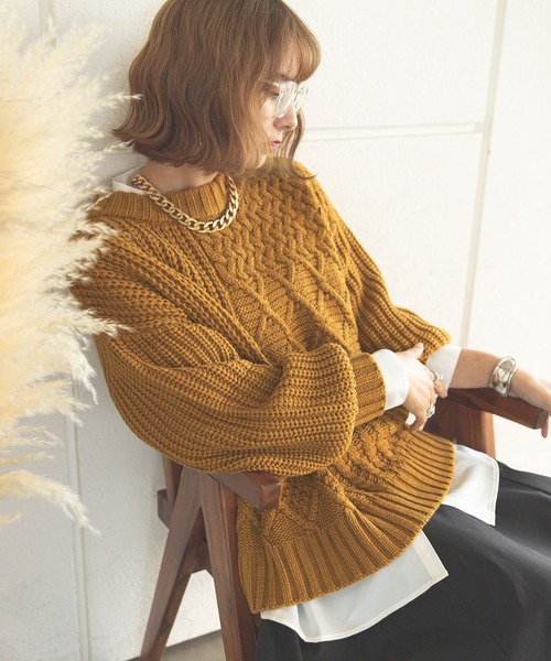 rectangle（レクタングル）の「パッチワークケーブルニット（ニット/セーター・レディース・ベージュ/ブラウン/グリーン/アイボリー/ブルーグレー/マスタード・FREE）」の6枚目の写真