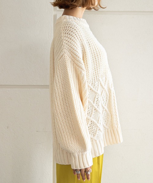 rectangle（レクタングル）の「パッチワークケーブルニット（ニット/セーター・レディース・ベージュ/ブラウン/グリーン/アイボリー/ブルーグレー/マスタード・FREE）」の9枚目の写真