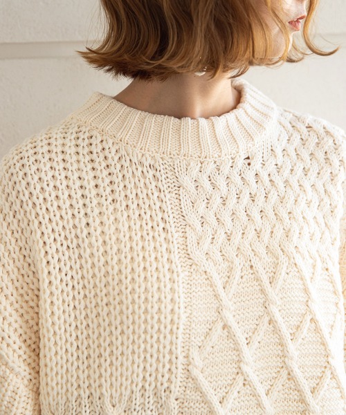 rectangle（レクタングル）の「パッチワークケーブルニット（ニット/セーター・レディース・ベージュ/ブラウン/グリーン/アイボリー/ブルーグレー/マスタード・FREE）」の10枚目の写真