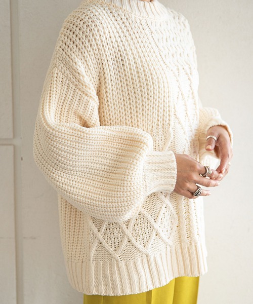 rectangle（レクタングル）の「パッチワークケーブルニット（ニット/セーター・レディース・ベージュ/ブラウン/グリーン/アイボリー/ブルーグレー/マスタード・FREE）」の11枚目の写真