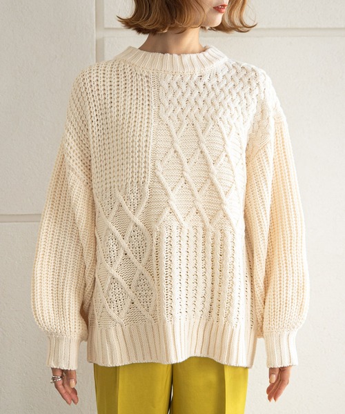 rectangle（レクタングル）の「パッチワークケーブルニット（ニット/セーター・レディース・ベージュ/ブラウン/グリーン/アイボリー/ブルーグレー/マスタード・FREE）」の7枚目の写真