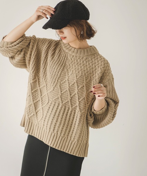 rectangle（レクタングル）の「パッチワークケーブルニット（ニット/セーター・レディース・ベージュ/ブラウン/グリーン/アイボリー/ブルーグレー/マスタード・FREE）」の13枚目の写真