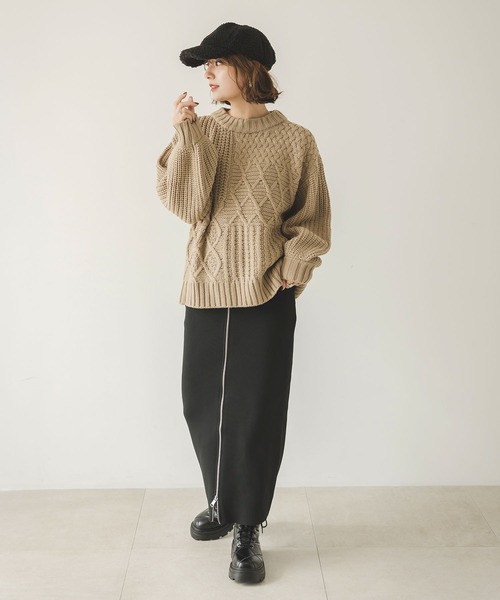 rectangle（レクタングル）の「パッチワークケーブルニット（ニット/セーター・レディース・ベージュ/ブラウン/グリーン/アイボリー/ブルーグレー/マスタード・FREE）」の12枚目の写真