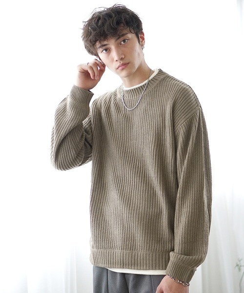 メンズ  ルーズ プルオーバー ニット ニット2色 Confirm セーター ニット AW 2トーンディップ柄 ルーズ