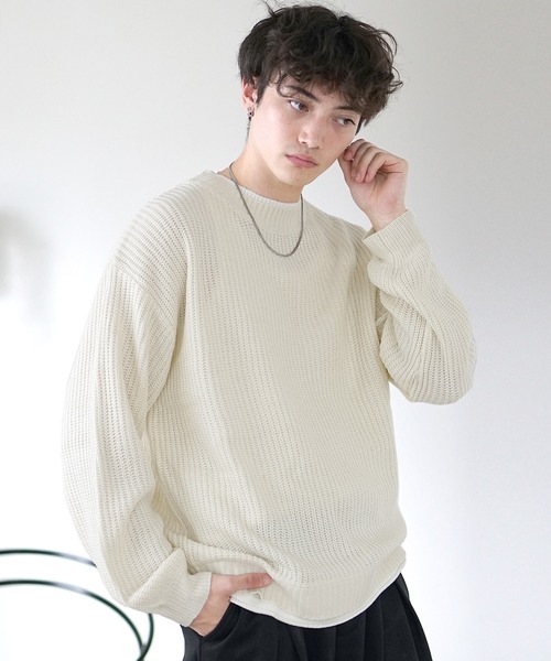 メンズ  ルーズ プルオーバー ニット ニット2色 Confirm セーター ニット AW 2トーンディップ柄 ルーズ