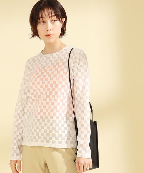 Ray BEAMS（レイビームス）の「Ray BEAMS / チェッカー チュール ロングスリーブ Tシャツ（Tシャツ/カットソー・レディース・オフホワイト/ブルー/オレンジ・ONE SIZE）」の2枚目の写真