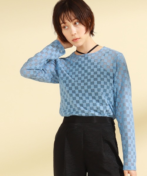 Ray BEAMS（レイビームス）の「Ray BEAMS / チェッカー チュール ロングスリーブ Tシャツ（Tシャツ/カットソー・レディース・オフホワイト/ブルー/オレンジ・ONE SIZE）」の3枚目の写真