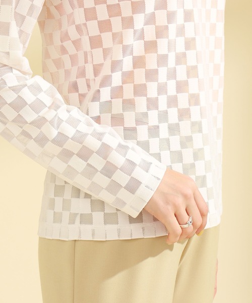 Ray BEAMS（レイビームス）の「Ray BEAMS / チェッカー チュール ロングスリーブ Tシャツ（Tシャツ/カットソー・レディース・オフホワイト/ブルー/オレンジ・ONE SIZE）」の4枚目の写真