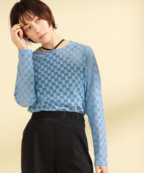 Ray BEAMS（レイビームス）の「Ray BEAMS / チェッカー チュール ロングスリーブ Tシャツ（Tシャツ/カットソー・レディース・オフホワイト/ブルー/オレンジ・ONE SIZE）」の8枚目の写真