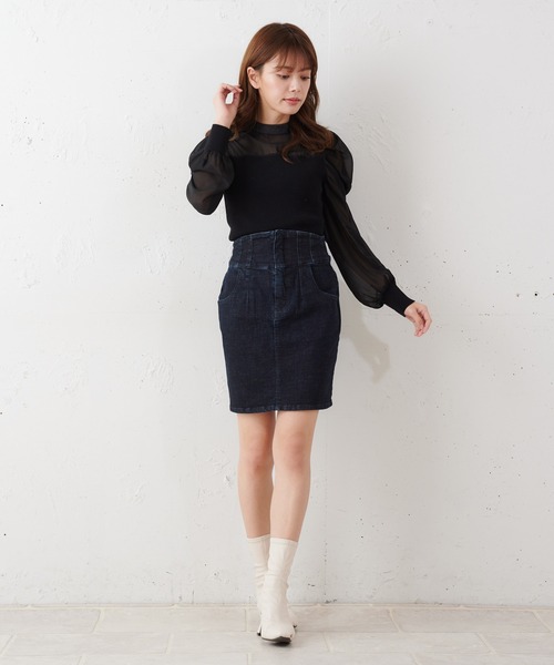 MIIA（ミーア）の「ハイウエストデニムミニスカート（デニムスカート・レディース・ブラック/オフホワイト/インディゴブルー・FREE）」の7枚目の写真